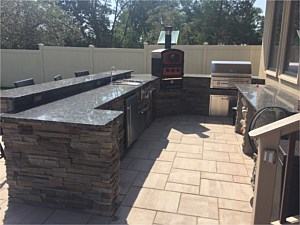 Pheasant Cultured Stone Custom BBQ Pizza Oven Wood Storage Fridge Outdoor Paver Patio Boral Granite Top Sink Cambridge Ledgestone Smooth Sandstone patio